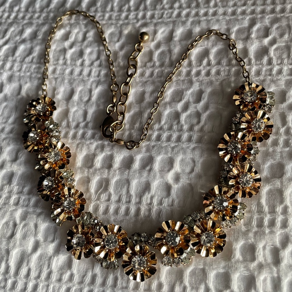 Charming Charlie Gold Flower Rhinestone Statement Necklace